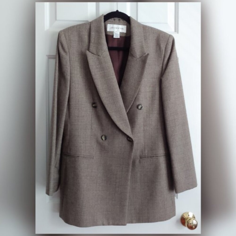 JONES NEW YORK Women Double Breasted Tweed Blazer Brown Size 10 Wool Fully Lined